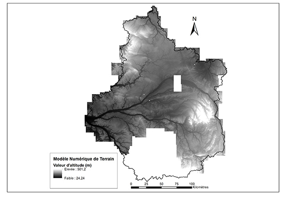 Figure 2 : Modèle Numérique de Terrain (MNT) partiel de la région Centre-Val de Loire (source : RGE Alti, IGN)