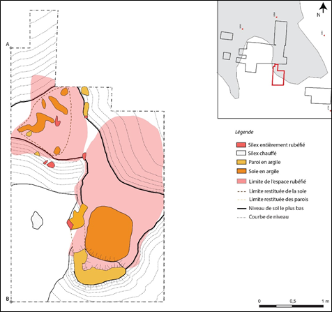 Plan des vestiges de l’aire de réduction du fer située au sud-est de l’atelier métallurgiques F090 de Châteauroux (Indre) – S. Lacroix (CITERES/LAT)